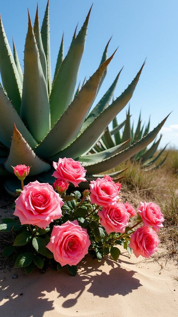 agave and roses contrast beautifully