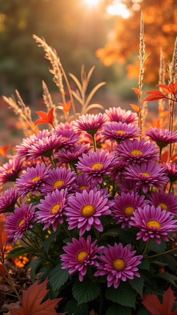 chrysanthemums with autumn foliage