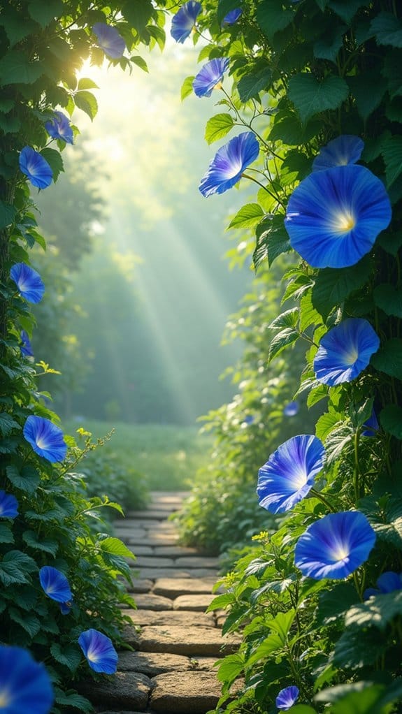 climbing blue trumpet blooms