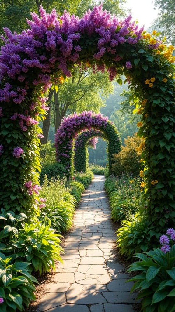 climbing flowers enhance walkway