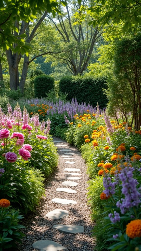colorful flowers gravel path