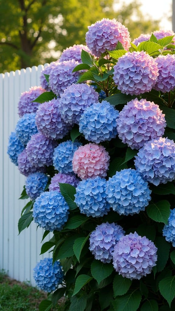 colorful hydrangeas white fence