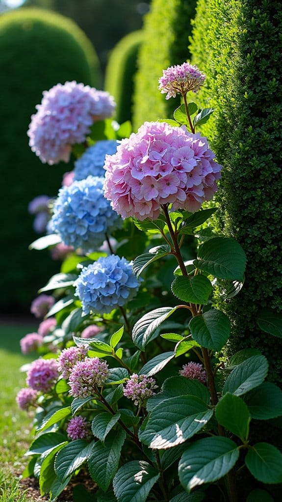 colorful hydrangeas with boxwood