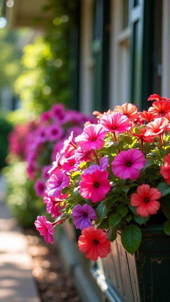 colorful impatiens window boxes