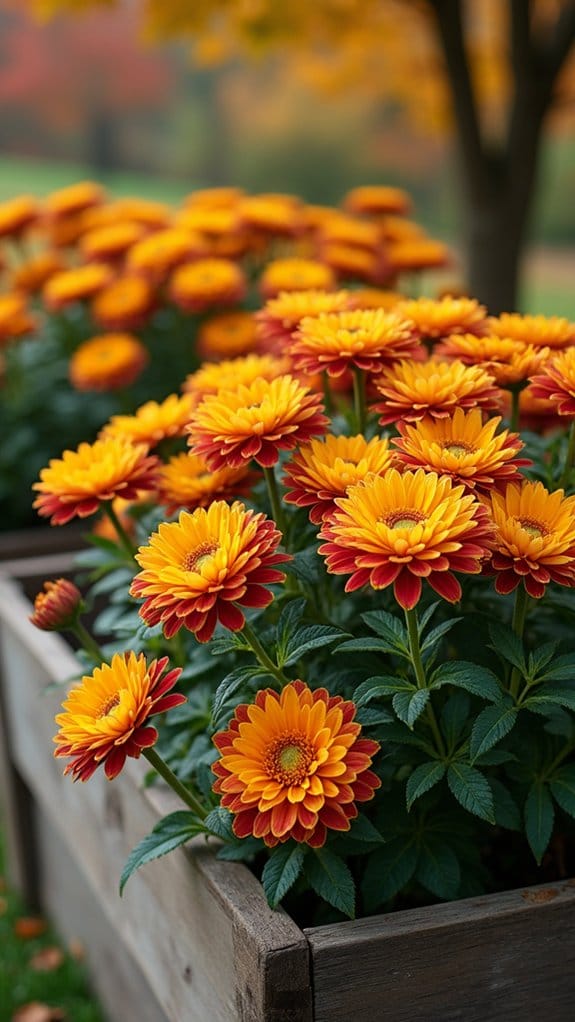 colorful mums in raised beds