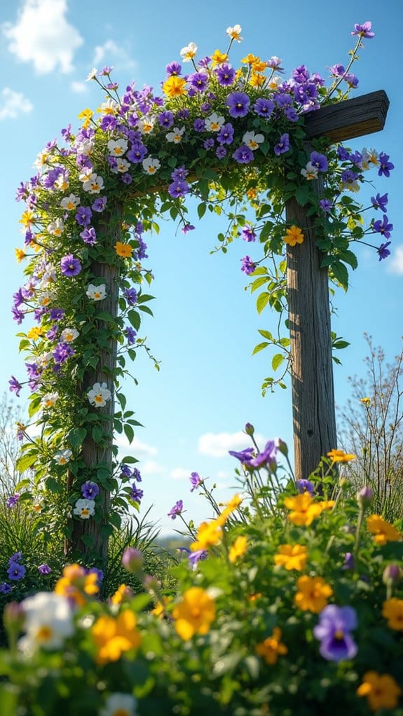 colorful pansies adorn trellises