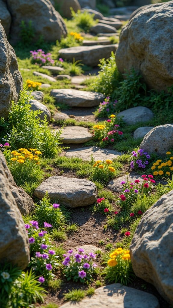 colorful plants among stones