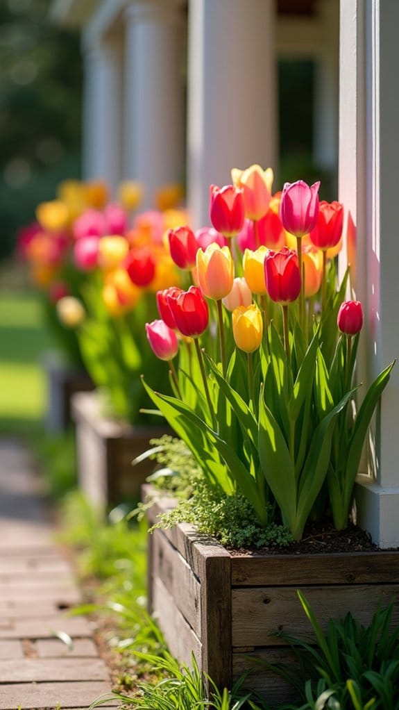 colorful tulip planters welcoming
