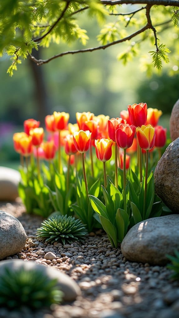 colorful tulips in rock gardens