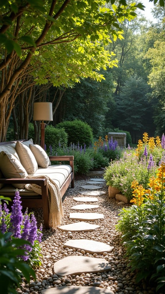 cozy bench among flowers