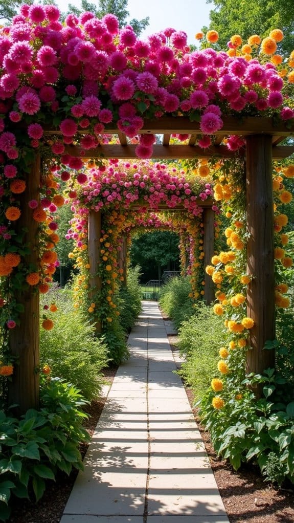 dahlia filled shaded pergola