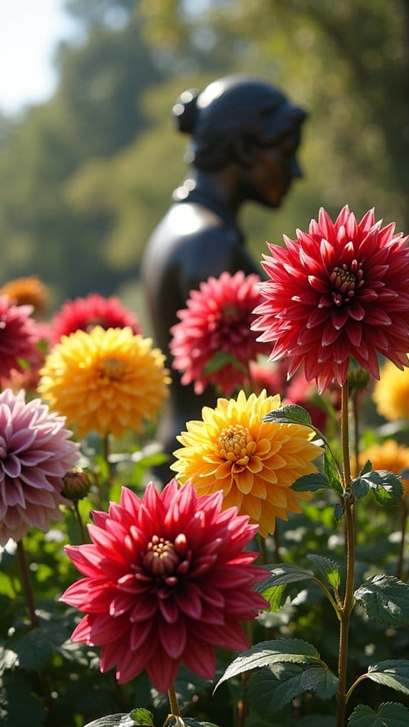 dahlias enhance garden sculptures