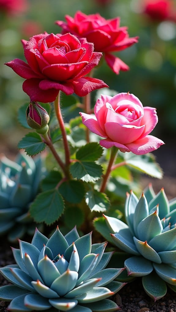 dwarf agave under rose bushes