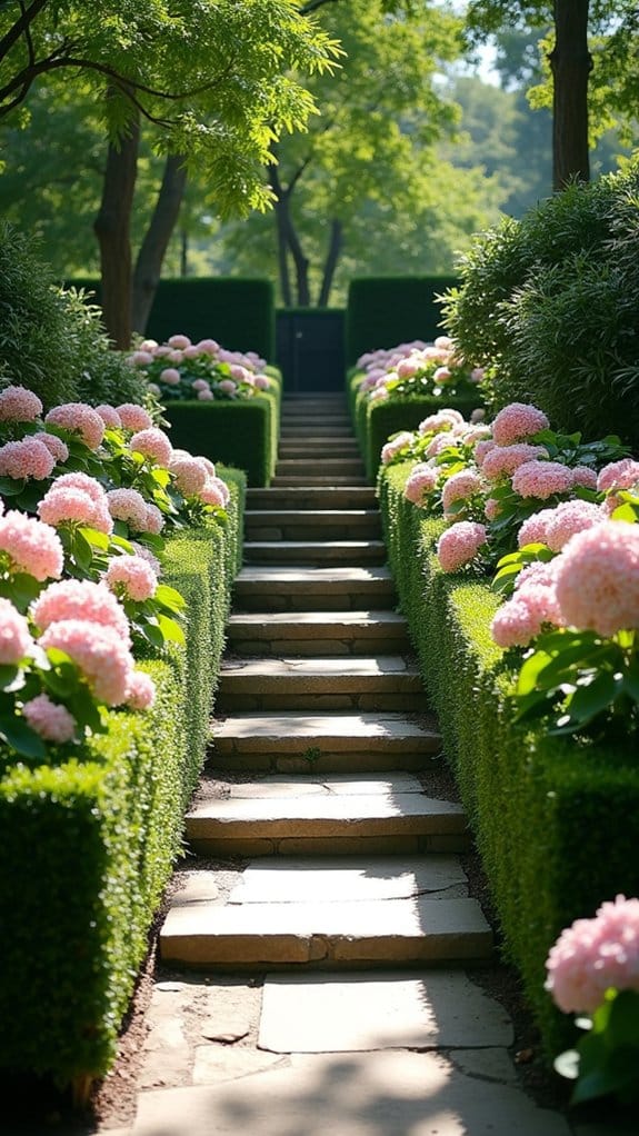 elegant steps amidst boxwood