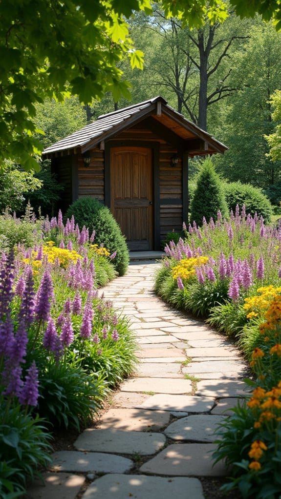 flower beds flanking pathways