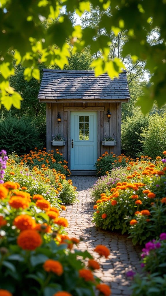framing shed with flowering shrubs