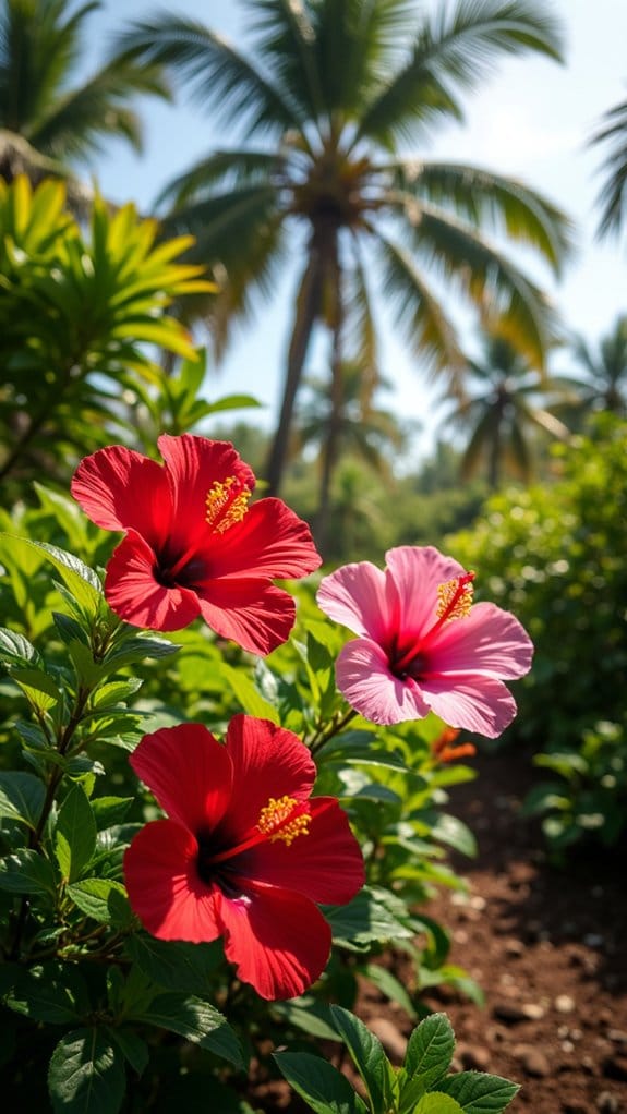 hibiscus and palm trees