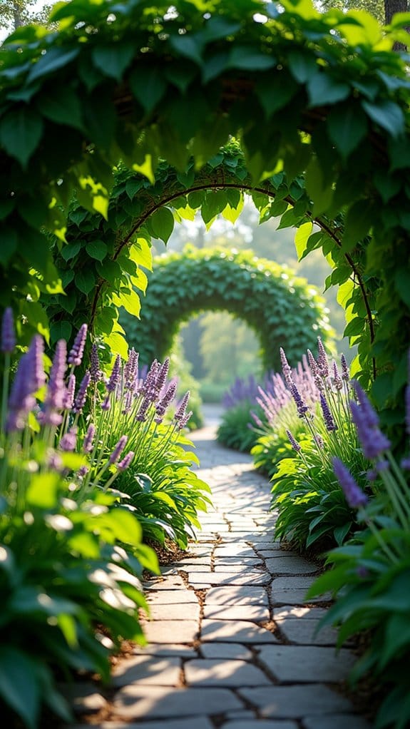 hostas framing garden pathways