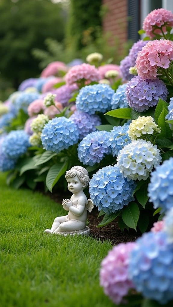 hydrangeas complement garden statues