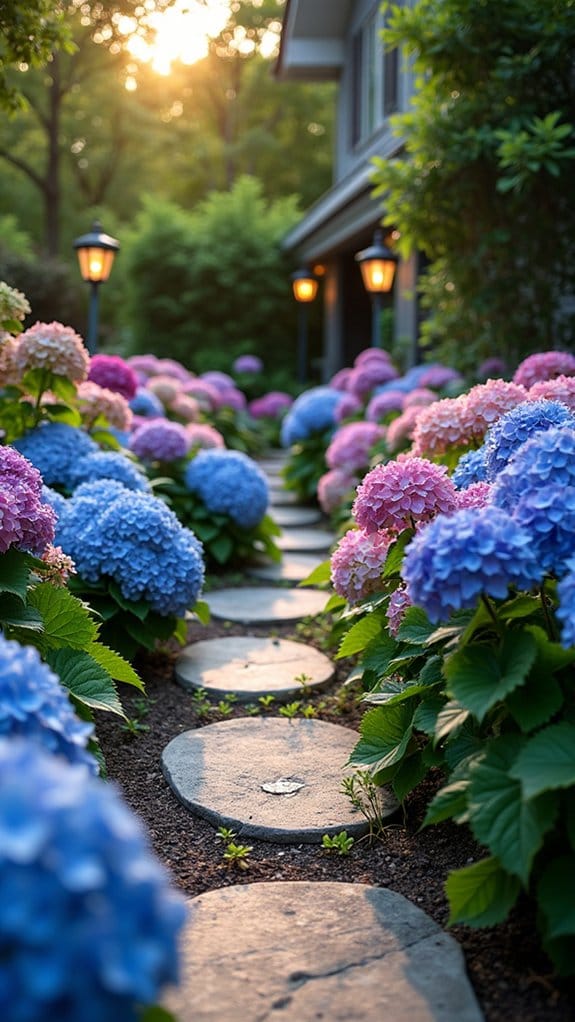 illuminated hydrangeas garden path