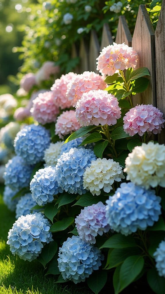 layered hydrangeas behind fence