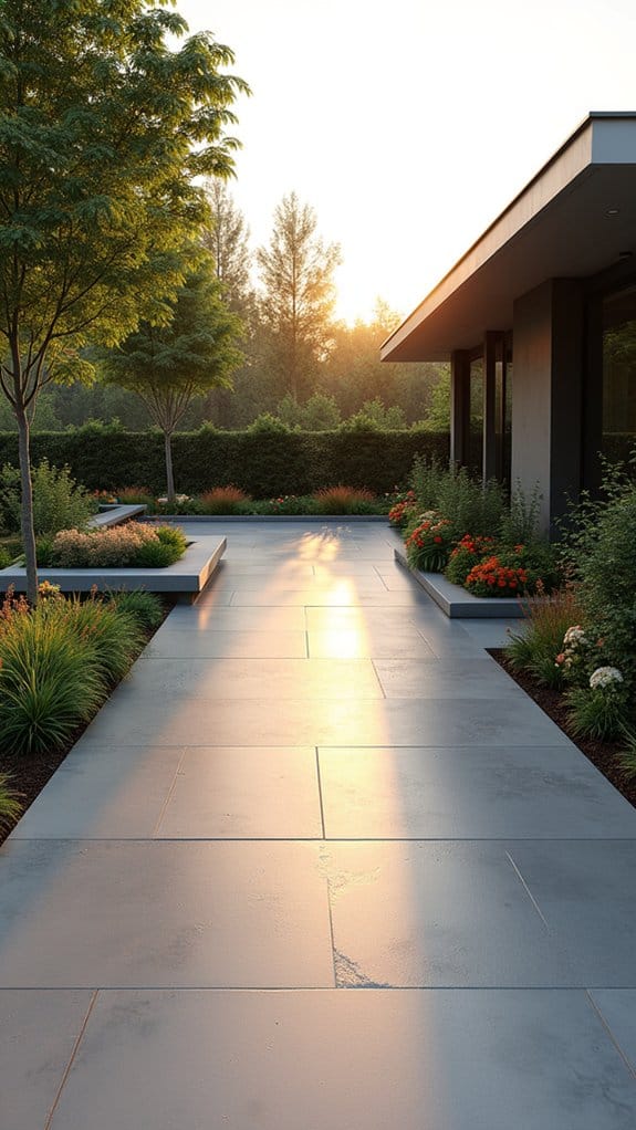 modern driveway with planters