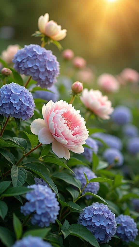 peonies and hydrangeas contrast beautifully