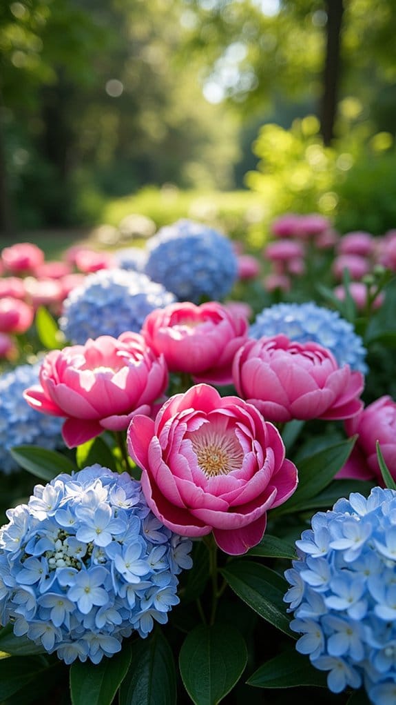 peonies and hydrangeas contrast