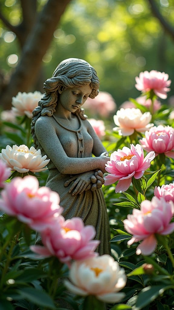 peonies enhance garden statues