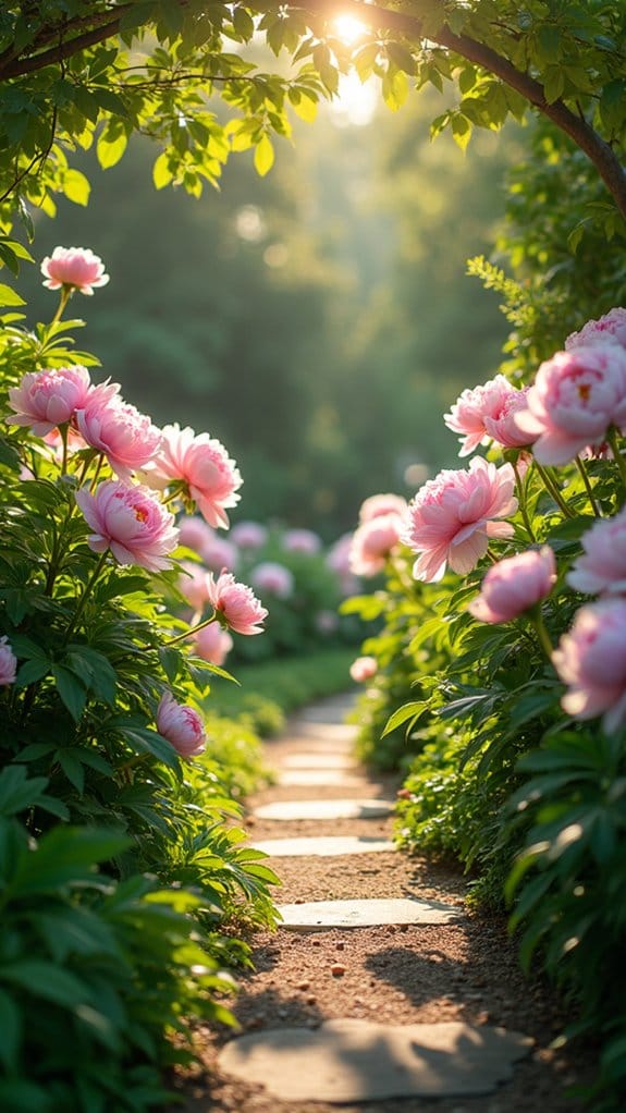 peony lined tranquil garden walkway