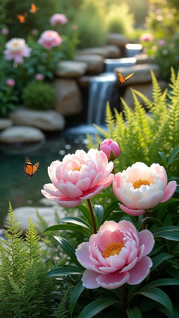 peony surrounded water feature