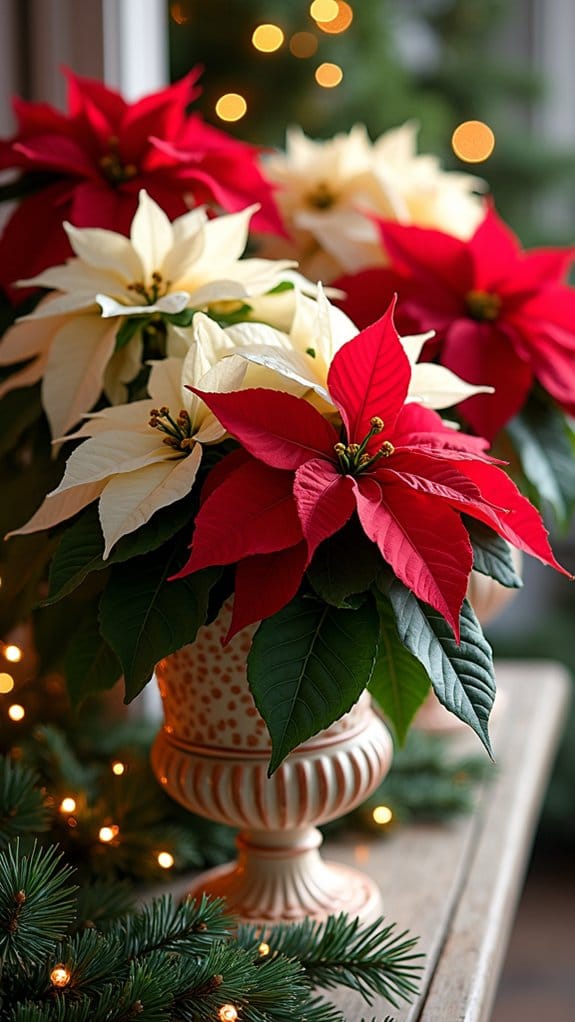 poinsettias in elegant urns