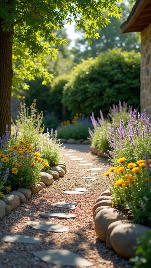 rock border enhances flower beds