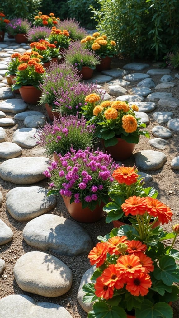 rocks and flower pots