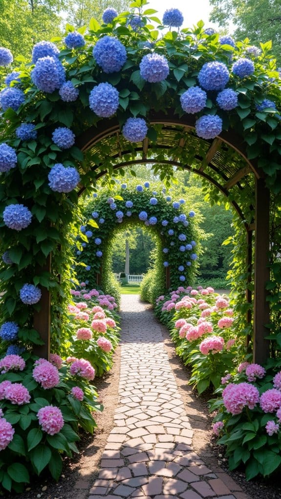 romantic pergola with hydrangeas