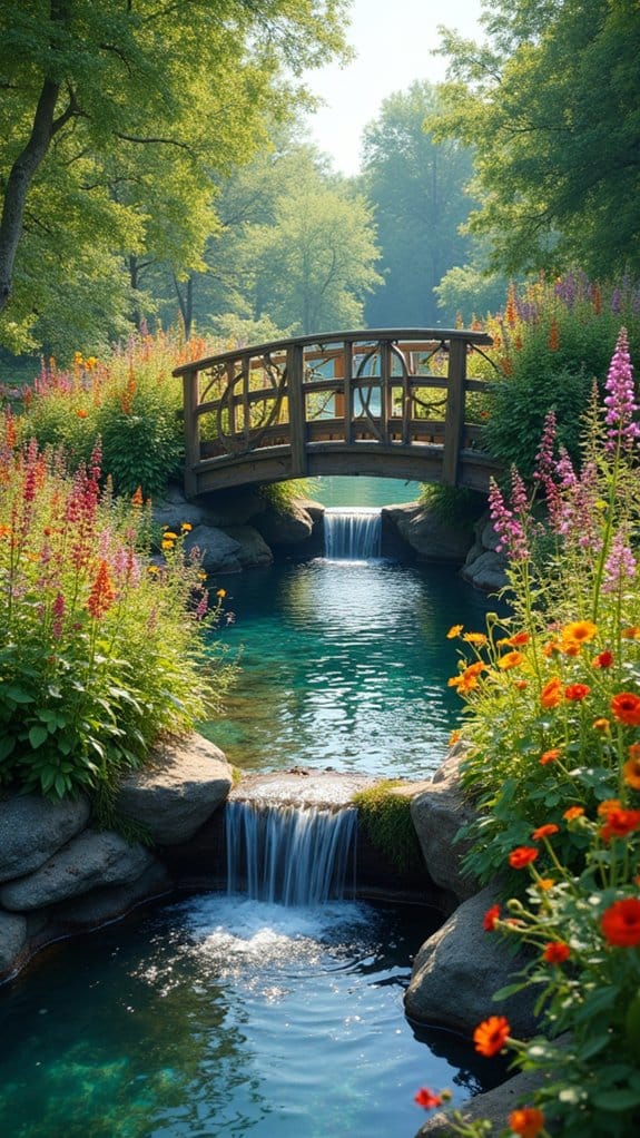 rustic bridge in wildflowers