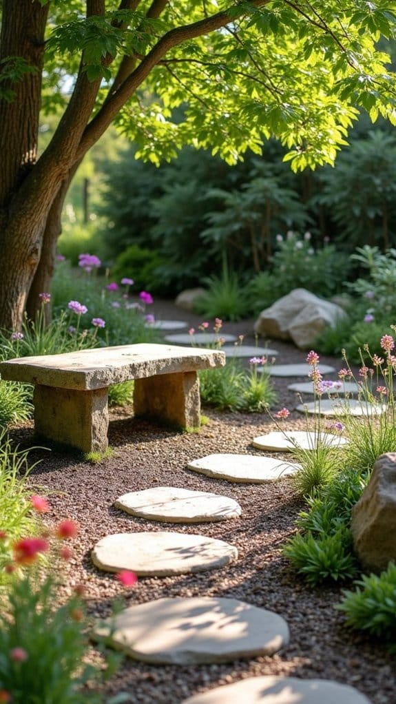 rustic stone benches enhance gardens