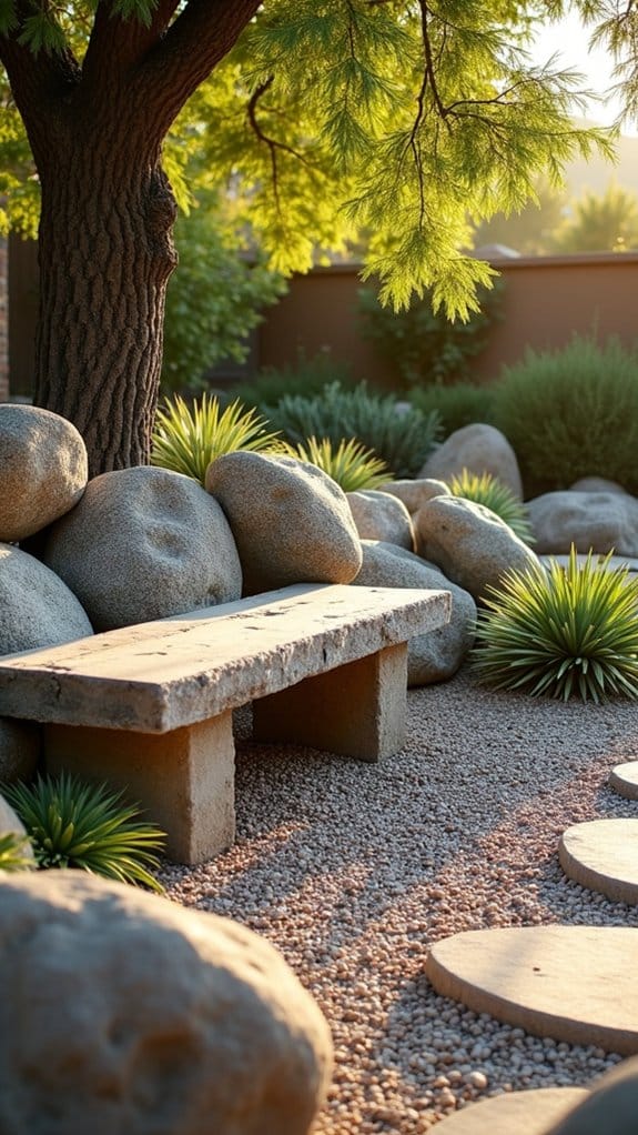 rustic stone benches tranquility