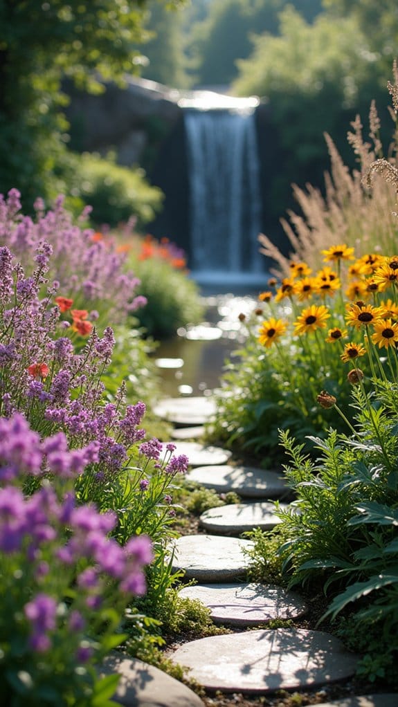 scented flowers tranquil waterfall