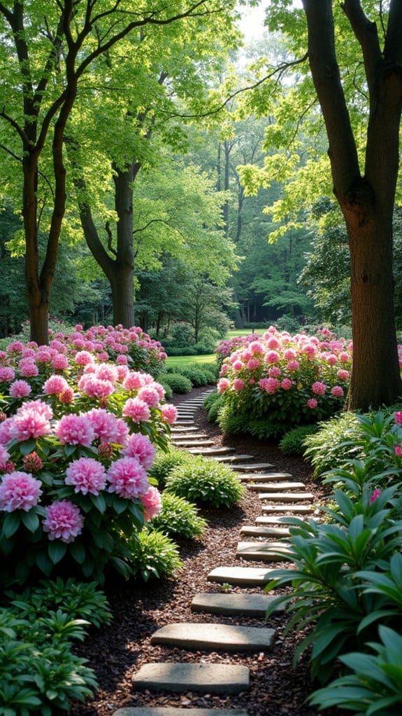 shade garden with rhododendrons