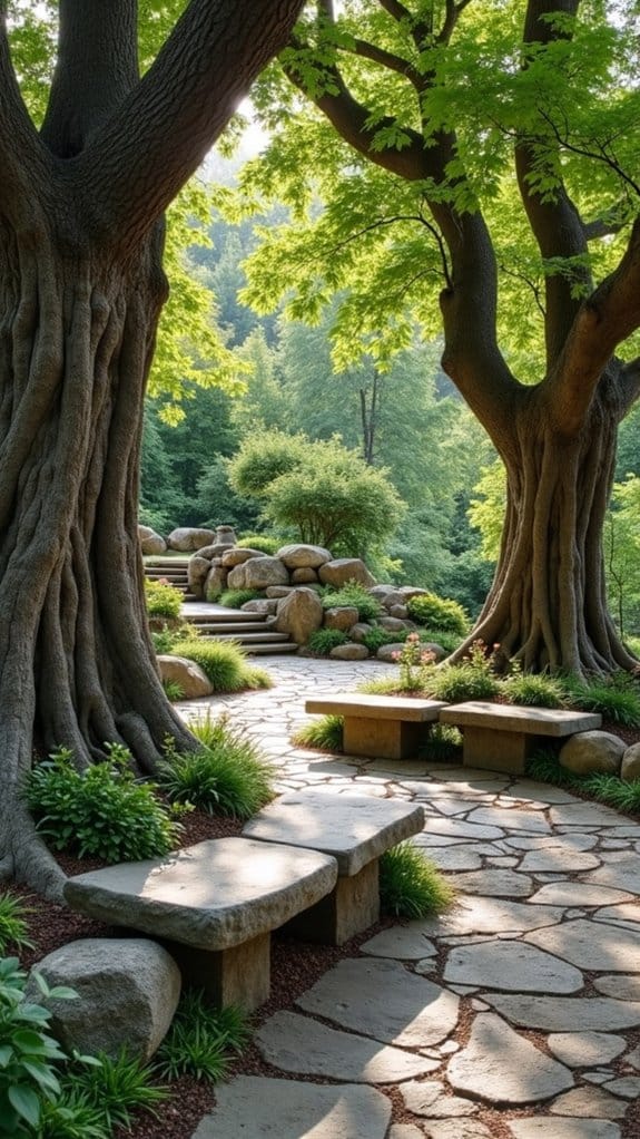 stone bench under trees