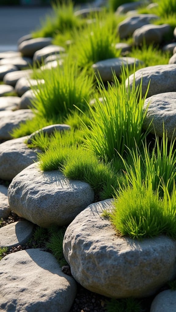 stone planters with grass