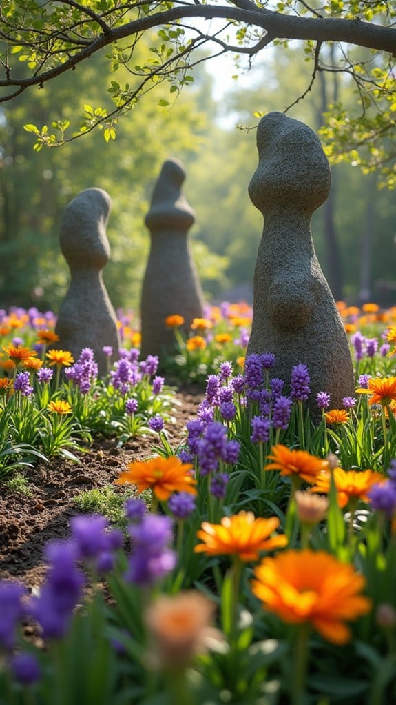 stone sculptures and flowers