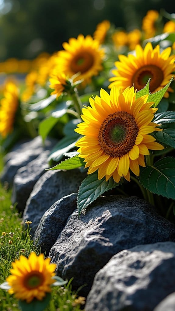 sunflowers contrast with stones