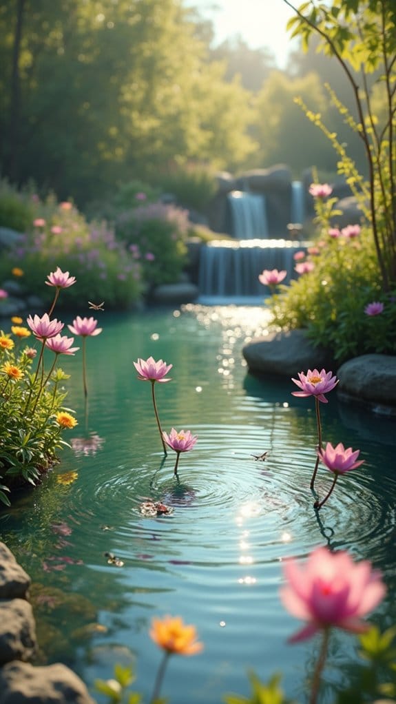 tranquil pond with blooms