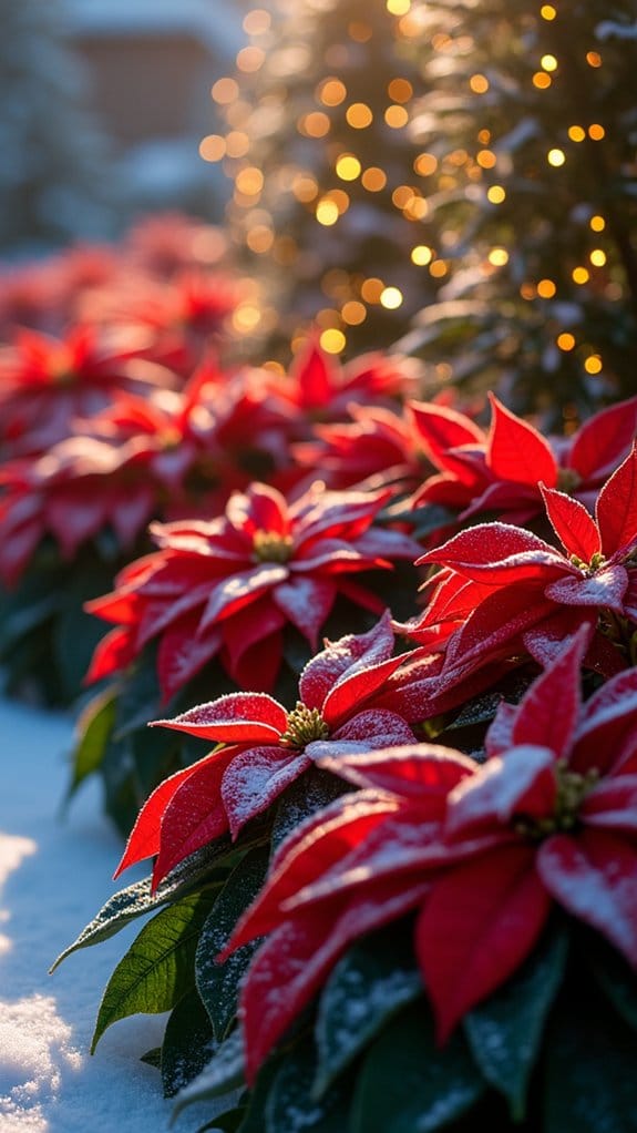 twinkling lights on poinsettias