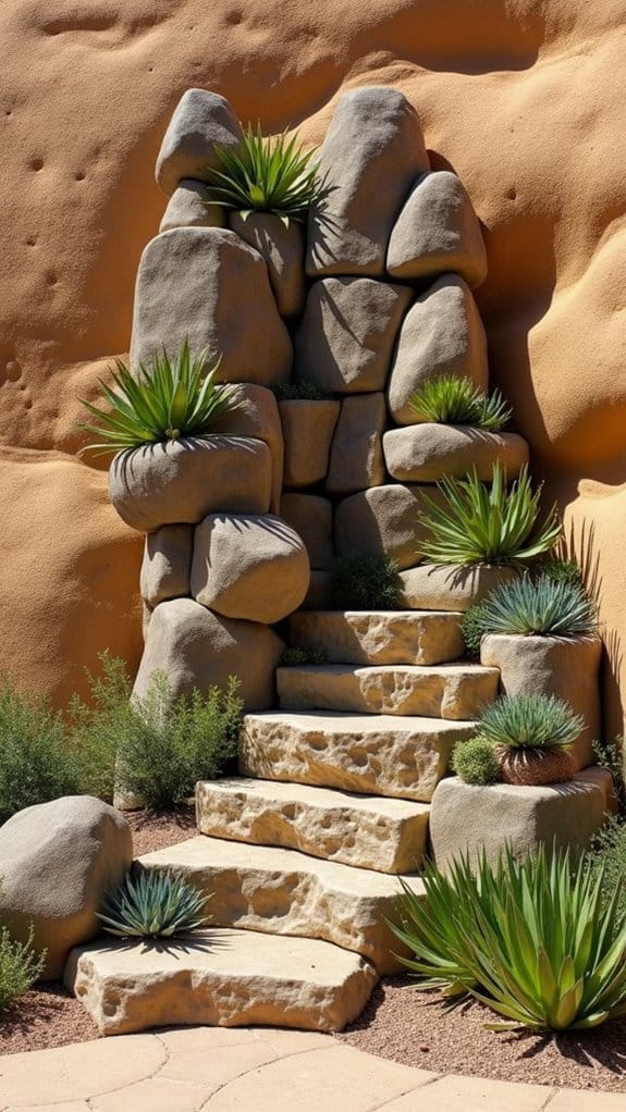 vertical planters with rocks