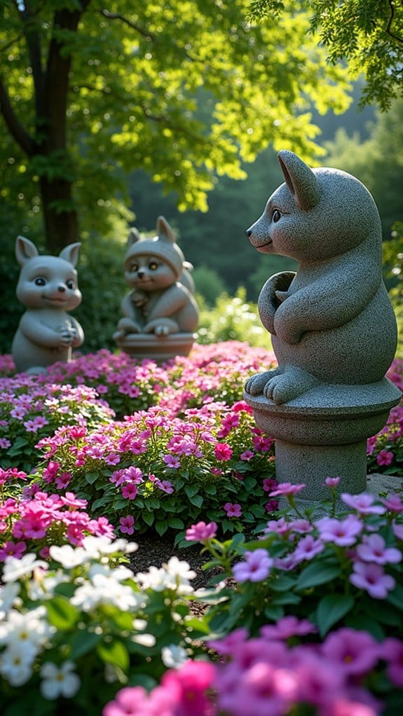 vibrant blooms enhance sculptures