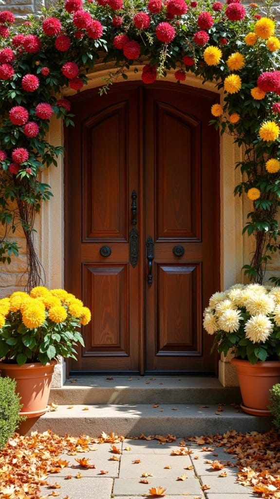 vibrant chrysanthemums frame entryway