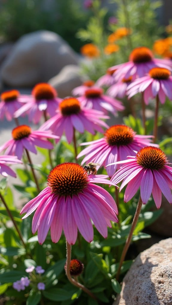 vibrant coneflowers and stones